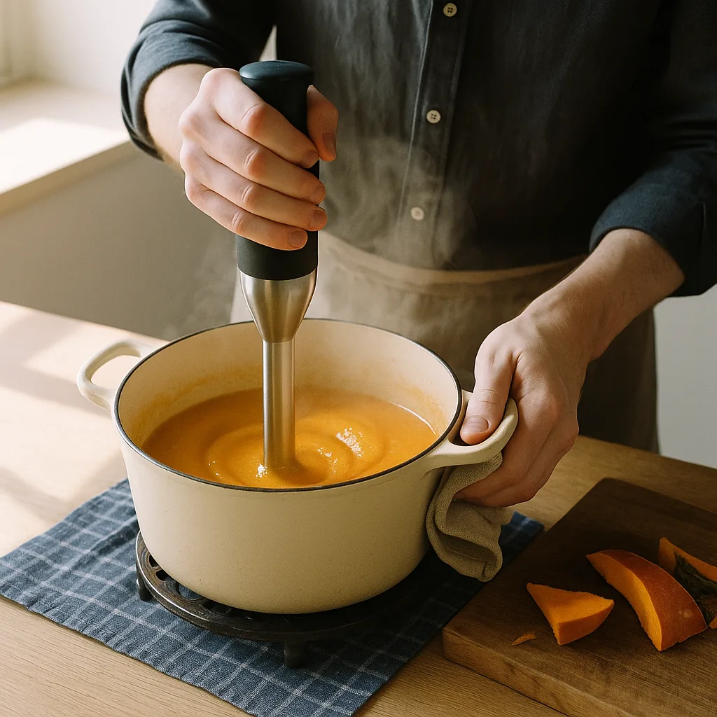 A pair of hands holds a stick blender down into a deep pot of pumpkin soup, part blended: a smooth bright orange swirl where the blade has worked and lumps of cooked pumpkin still visible at the far side.